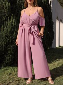 EMERY ROSE 大码女式休闲粉色露肩吊带V领系腰蝴蝶结连体裤，春夏款 - 粉色 - 查看 7