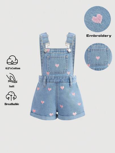 女婴粉色爱心刺绣蓝色牛仔背带短裤