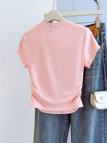 SHEIN Kaos Wanita Musim Panas 2026 Warna Pink dengan Motif Kotak-kotak Rhinestone dan Detail Kerut di Samping, Model Kasual Leher Bulat Lengan Pendek Slim Fit untuk Bepergian - Berwarna merah muda - View 2