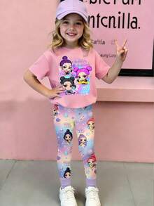 SHEIN 2pcs/Set Young Girl Casual Fashionable Creative Personalized Refreshing Minimalist Cute Virtual Girl Group Cartoon Character Colorful Star Moon Diamond Heart Gradient Print Short T-Shirt And Leggings Outfit, Comfortable Daily Wear, Suitable For Spring, Summer, Autumn - Multicolor - View 3