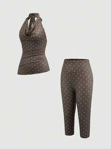 INAWLY SZ126 Brown Polka Dot Draped Neck Sleeveless Top And 3/4 Pants Set - Brown - View 3