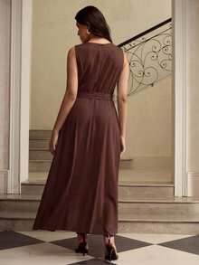 ZEYLAH Spring/Summer Sleeveless Round Neck Linen Dress With 3D Floral Decor - Coffee Brown - View 3