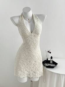 Elamini 女士深V领提花针织修身A字简约时尚迷你连衣裙 - 杏色 - 查看 5