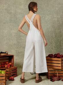 WESTFADE Floral Jacquard Straps Lace Pocket 100 Cotton Relaxed Flared Leg Overalls, All White, Boho Cottage Core, Casual, Picnic, Western Rodeo Nashville - Apricot - View 4