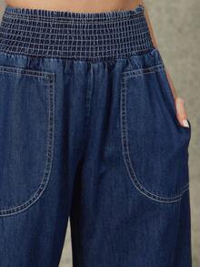 WESTFADE Navy Blue 100% Cotton Denim Jeans,Smocked Waist Relaxed Cropped Barrel Leg Pants For Summer,Boho,Vacation,Resort Wear,Coastal Cowgirl,Western Wear - Dark Wash - View 3