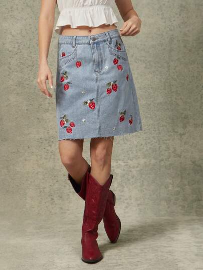WESTFADE Strawberry Embroidered Cotton Blend Denim Frayed Hem Western Seamed A Line Midi Skirt Spring, Summer, Resort Wear, Casual, Coastal Cowgirl, Boho, Farmers Market, Vacation, Beach, Festival, Western Wear
