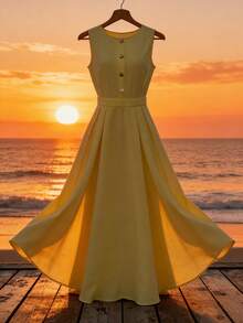 Lyxana Blusa elegante y romántica de verano para mujer, de cuello redondo sin mangas, con cintura anudada, cuello medio abierto, botones de perla, recogida en línea A, de color crema amarillento - Amarillo claro - Ver 1