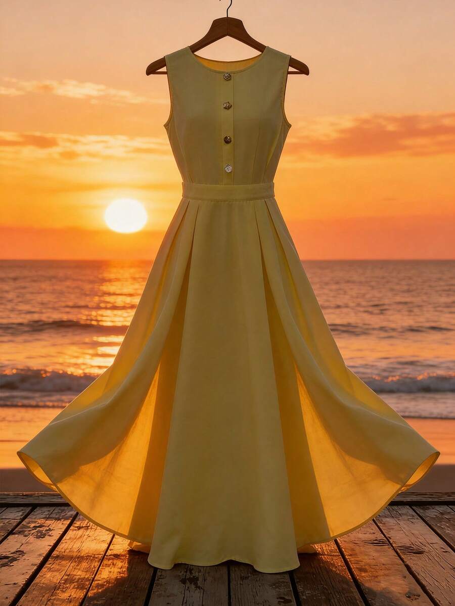 Lyxana Blusa elegante y romántica de verano para mujer, de cuello redondo sin mangas, con cintura anudada, cuello medio abierto, botones de perla, recogida en línea A, de color crema amarillento - Amarillo claro - Ver 1