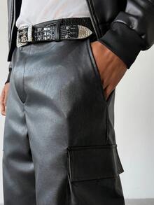 PAVTROS 男士黑色PU皮裤，宽松直筒裤，百搭皮裤，男士黑色皮裤，男士阔腿裤，黑色街头风皮裤，男士宽松裤，街头风，男友礼物，春夏款，Y2K风格，街头服饰，节日，度假，送给男友的礼物，派对，健身，复古，外出，怀旧风 - 黑色 - 查看 6