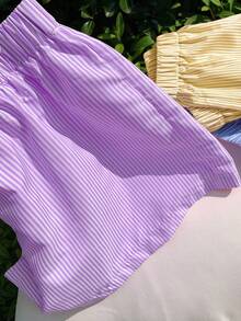 SHEIN Bộ 3 quần short ống đứng kẻ sọc dệt kim phong cách đường phố thường ngày dành cho bé gái tuổi teen. - Nhiều màu - Xem 4