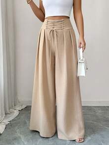 Elenzga 优雅杏色高腰系带褶皱阔腿休闲裤，适合日常穿着、婚礼、晚宴、通勤、毕业派对、节日、假期、约会、聚会、万圣节、圣诞节、新年、感恩节、婚礼等场合。 - 卡其色 - 查看 6