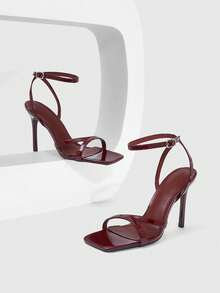 CUCCOO SZL Sandal Hak Tinggi Ujung Persegi Warna Burgundy, Gesper Logam, Sepatu Hak Tinggi Ramping untuk Kencan, Pesta, Prom, dan Musim Panas - Cermin merah anggur - View 3