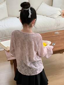 DAZY Tween Girls Round Neck Lace Fabric Fitted Flare Sleeve T-Shirt, Fall - Pink - View 6