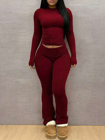 INAWLY Solva Conjunto de 2 piezas de top de manga larga ajustado y pantalones de unicolor casual para mujer