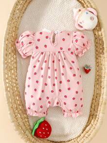 SHEIN Newborn Baby Girl Sweet Strawberry Print White Ruched Collar & Cuff Romper With Matching Bow Headband, Summer Outfit - Pink - View 2