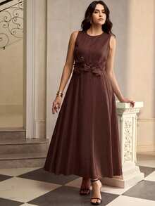 ZEYLAH Spring/Summer Sleeveless Round Neck Linen Dress With 3D Floral Decor - Coffee Brown - View 6