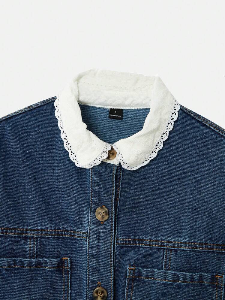 lacRébo Blue Denim Cropped Jacket With White Lace-Trim Collar Vintage Cute Style French Style Parisian Style Cotton Clothes Cotton Jacket - Medium Wash - View 12