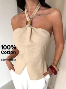 Aloruh Áo kiểu nữ mùa Xuân/Hè thanh lịch, thoải mái, thường ngày, chất liệu cotton lanh, cổ yếm, đính kim loại, xẻ tà, thắt eo. Áo cao cấp cho nữ, áo hở lưng, áo nơ cho nữ, áo thường ngày cho nữ, 100% cotton, áo mùa hè. - Màu be - Xem 8