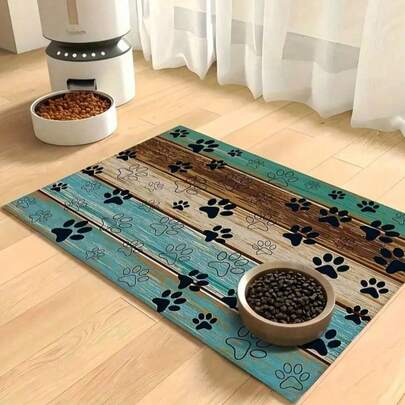 1-Piece Set Of Wood Grain Black Paw Print Dog Feeding Mat, Suitable For Small Animals Such As Cats And Dogs, Durable, Non Slip, Absorbent, And Stain Resistant, Is An Ideal Choice For Cats - Pet Food And Bowl Mats, Home Decor, Kitchen Floor Mats, Pet Supplies