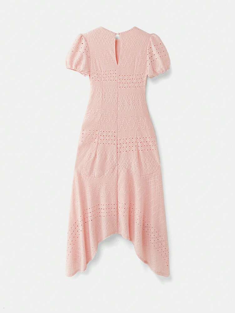 Pink Fitted Textured Midi Dress With Short Puff Sleeves And A Flared Skirt Spring Summer French Style Parisian Style Wedding Guest Dress Ruffle Dress For Women