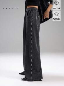 LYSMO Petite 女士灰色休闲水洗水钻装饰阔腿运动裤，女士运动休闲裤，女士运动休闲裤，女士健身夏季裤，女士春假外出裤，街头服饰 - 深灰色 - 查看 1