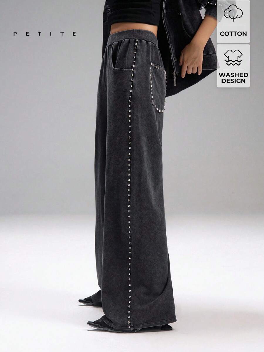 LYSMO Petite 女士灰色休闲水洗水钻装饰阔腿运动裤，女士运动休闲裤，女士运动休闲裤，女士健身夏季裤，女士春假外出裤，街头服饰 - 深灰色 - 查看 1