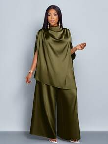 SOLERSUN 女士时尚纯色优雅高领蝙蝠袖缎面不对称下摆上衣搭配直筒优雅长裤套装，适合高个女装和办公室职业装。 - 橄欖綠 - 查看 5