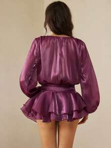 Aveloria Rosie New V-Neck Waist Design Elegant Glossy Hem Petal Sleeve Dress, Flattering Fit - Hot Pink - View 2