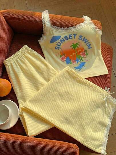Comfortcana Women's Casual Minimalist Vacation Sunset Beach Print Pattern Yellow Lace Trim Camisole And Striped Pants 2 Piece Set, Cream Yellow 2 Piece Set, Suitable For Summer, Vacation, Back To School Season, College Style, Beach Party