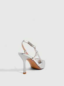 CUCCOO SZL Women's Pointed Toe High Heel Black Mesh Rhinestone Embellished Fashionable Sexy Glamorous Party Occasion Stilettos With Ankle Strap - Silver 1 - View 3