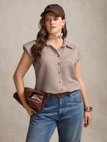 Zelara 大码夏季休闲通勤条纹棕色上衣，商务休闲上衣，适合度假、海滩度假、复活节、春夏穿着。 - 彩色 - 查看 6