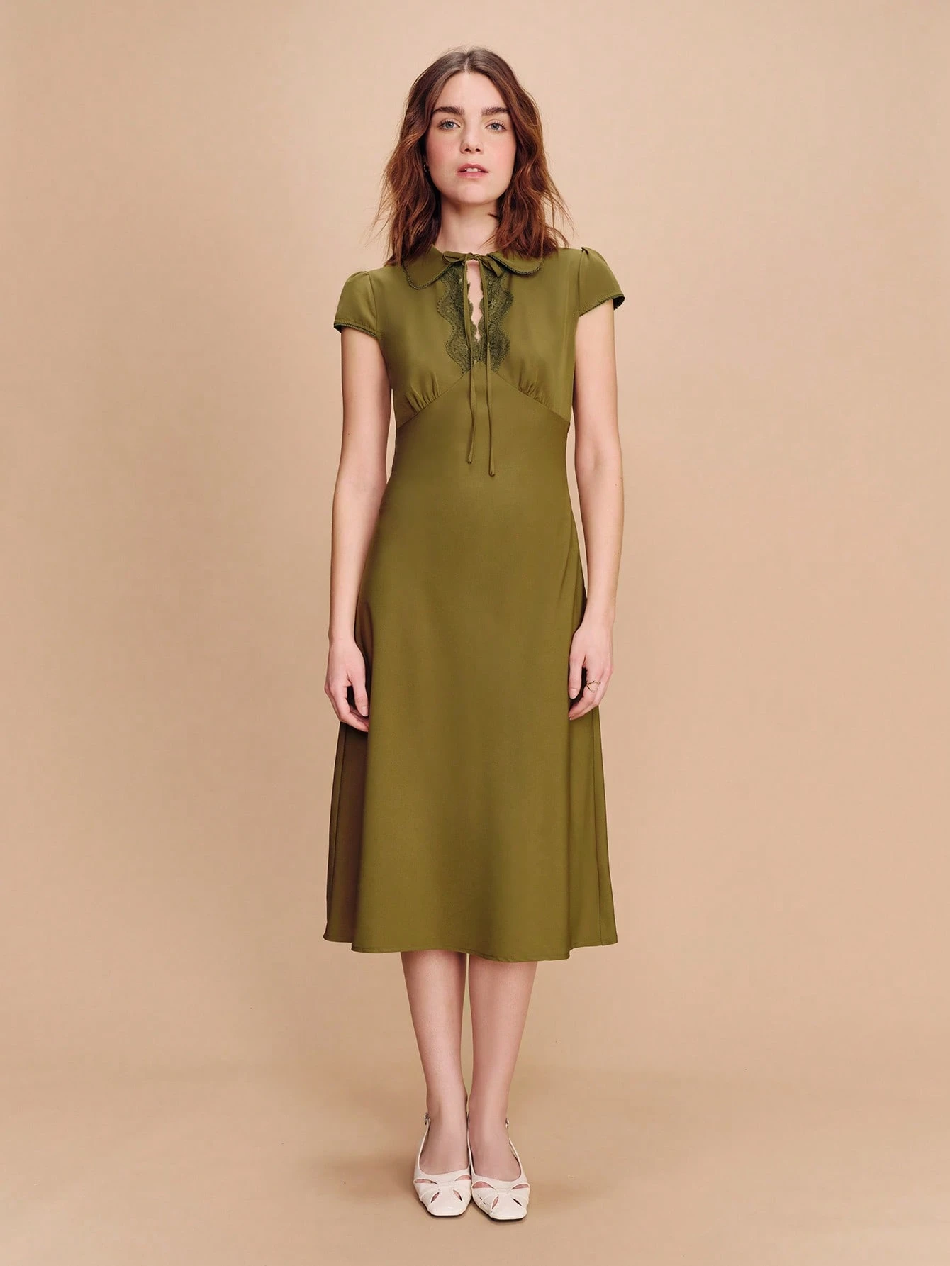 Khaki Satin Fitted Midi Dress With Peter Pan Collar And Cute Lace Details Green Midi Dress Spring Summer Going Out Vacation Dress Green Satin Dress Office Dress French Style Dress