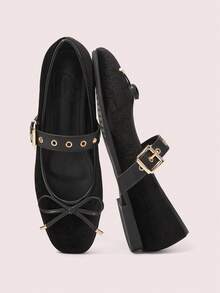 CUCCOO DOLLMOD Soft Bottom Velvet Metal Rivet Decorative Ballet Bow Flat Bottom Casual Mary Jane - Korean velvet black - View 2