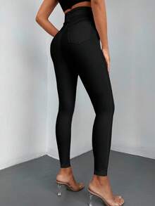 SHEIN Calça jeans skinny, cintura alta, tamanho grande, com elastano. - Preto - Ver 2