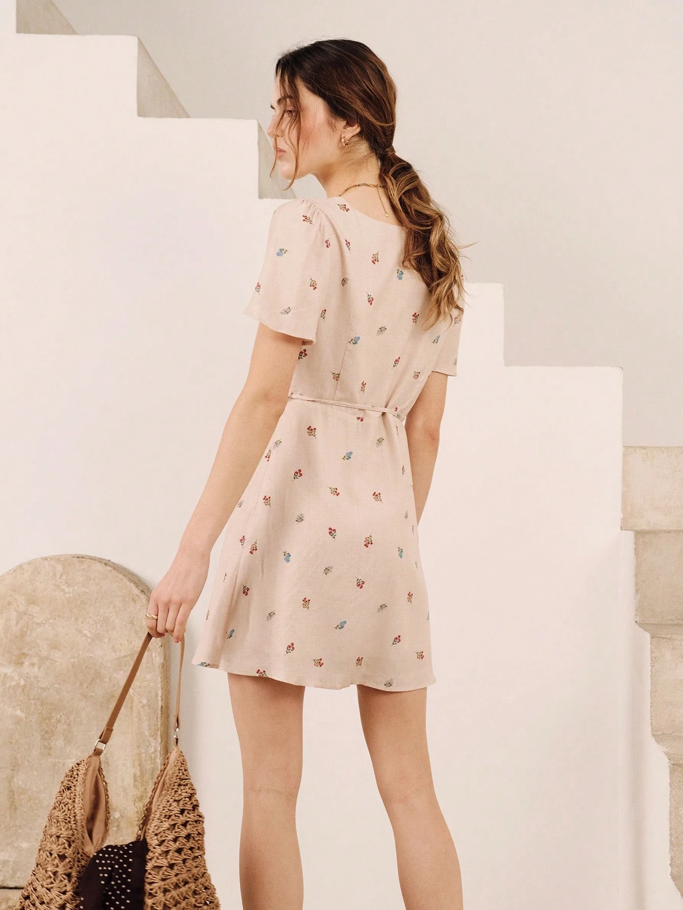 Beige Mini Wrap Dress With Floral Embroidery And Small Buttons Spring Summer Vacation French Style Parisian Style Resort Dress Holiday Dress