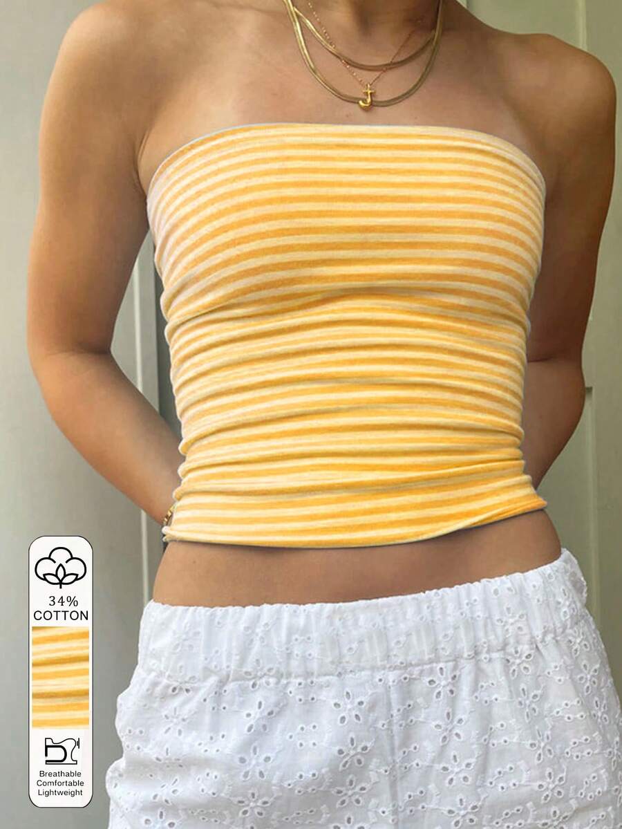 SHEIN Áo quây ngực in kỹ thuật số sọc vàng, kiểu dáng tối giản, chất liệu 34% cotton, thích hợp làm quà tặng cho bạn bè. - Nhiều màu - Xem 1