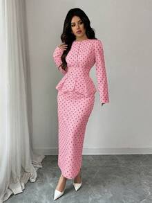 Rafferiza Conjunto de 2 piezas de blusa elegante con botones de perla + falda con dobladillo dividido para mujer - Rosa - Ver 5