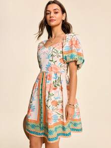 Coeurva Spring/Summer Vacation Woven Printed Square Neck Petal Sleeve Women's Mini Dress - Multicolor - View 6