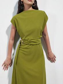 Aveloria Modichic Avocado Green Cap Sleeve Midi Dress, Cinched Waist Waist Design With Asymmetric Metal Buckle, Elegant Versatile Office To Casual Wear - Green - View 1