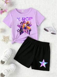 K-Pop Graphic Print Short Sleeve T-Shirt & Shorts Set For Young Girls - Multicolor - View 5