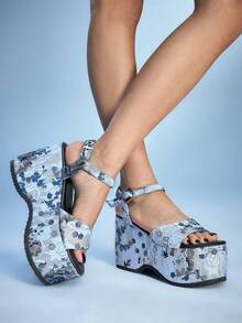 Sugerpunk Women's Blue High Heels, Open Toes, Glitter Rhinestone Dress Sandals For Y2K, Sweet Rock Punk Goth Style, Holiday Wedge Heel Platform Sandals 2000s Style Summer Shoes - Blue flower lace - View 6