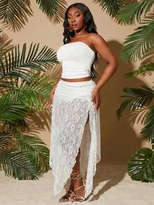 SHEIN SXY 大码性感蕾丝高开衩裙 - 白色 - 查看 3