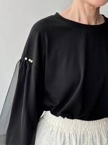 FRIFUL 女士圆领宽松网纱花瓣袖宽松夏季短袖T恤 - 黑色 - 查看 2