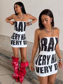 StreetHx Vestido bandeau con estampado de letras negras para mujer - Blanco - Ver 1