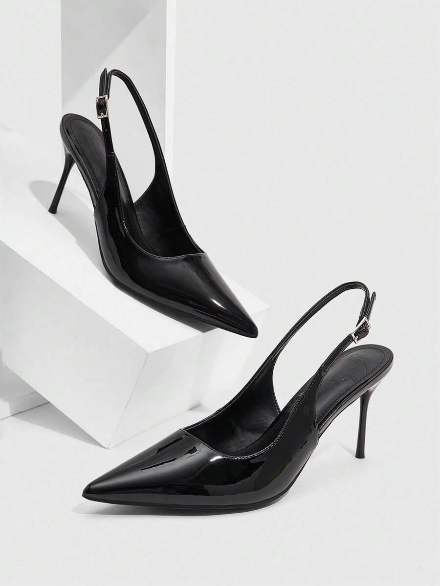 CUCCOO SZL Zapatos de mujer nuevos de estilo europeo y americano, moda simple francesa, tacón alto con esquema de color, tacón fino, punta afilada, slingback, empeine bajo, borde cuadrado y circular, hebilla, sexy, cómodos, ligeros, holgados, slip-on, versátiles para ir al trabajo, primavera, otoño, cuatro estaciones, tela de PU, zapatos clásicos de oficina, moda callejera, fiesta, citas, elegantes, zapatos de primavera - Negro - Ver 1