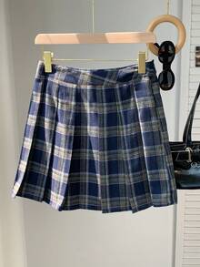 SHEIN EZwear 蓝色格子百褶中长裙，女士休闲纽扣百褶拉链迷你修身自然多色格子裙，非常适合春夏日常休闲穿着。 - 藍色 - 查看 2