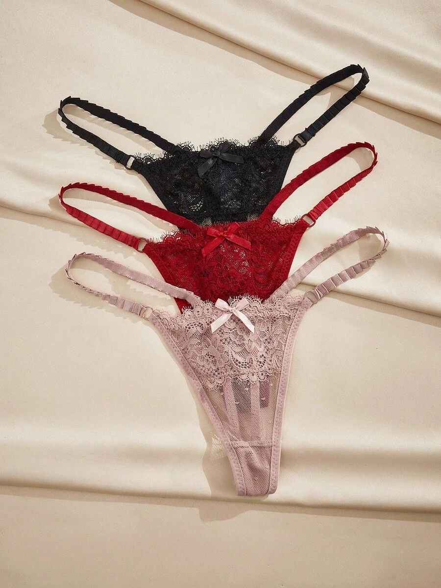 Charlaine Valentine's Day Women's Contrast Lace Bow Decor Sexy G-String Panties (Set Of 3) Bow Tie - Multicolor - View 1