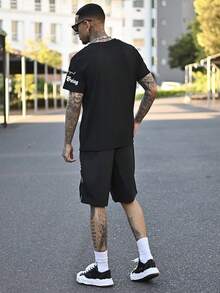 Devon Thys Men Letter Print Crew Neck Casual Short Sleeve T-Shirt, Boyfriend Gift, For Work - Black - View 2