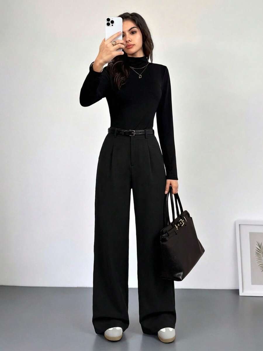 SHEIN Tall Pantalones plegados elegantes con bolsillos para maestras, pantalones grises de otoño/invierno de talle alto, pantalones anchos, pantalones sueltos, pantalones holgados, pantalones grises para negocios y profesionales, pantalones anchos para mujer, ropa de mujer para otoño e invierno, ropa de salida para mujer