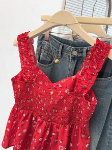 Franclia Áo tank top không tay dáng rộng thắt eo họa tiết hoa nhí ngọt ngào dành cho nữ, áo hai dây họa tiết hoa đỏ mặc hàng ngày, áo hai dây họa tiết hoa nhí đỏ cho mùa lễ hội. - Đỏ - Xem 9
